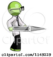 Poster, Art Print Of Green Doctor Scientist Man Walking With Large Thermometer