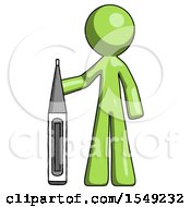 Green Design Mascot Man Standing With Large Thermometer