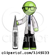 Poster, Art Print Of Green Doctor Scientist Man Standing With Large Thermometer