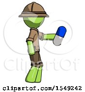 Poster, Art Print Of Green Explorer Ranger Man Holding Blue Pill Walking To Right