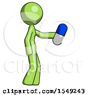Green Design Mascot Woman Holding Blue Pill Walking To Right