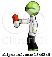 Poster, Art Print Of Green Doctor Scientist Man Holding Red Pill Walking To Left