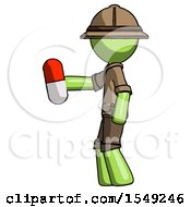 Poster, Art Print Of Green Explorer Ranger Man Holding Red Pill Walking To Left