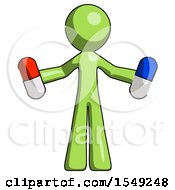 Green Design Mascot Man Holding A Red Pill And Blue Pill