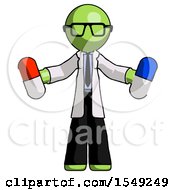 Green Doctor Scientist Man Holding A Red Pill And Blue Pill