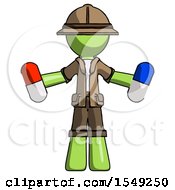 Green Explorer Ranger Man Holding A Red Pill And Blue Pill