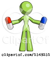 Green Design Mascot Woman Holding A Red Pill And Blue Pill