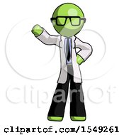 Green Doctor Scientist Man Waving Right Arm With Hand On Hip