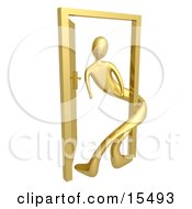 Gold Person Twisted Around The Frame Of An Open Door Symbolizing Lonliness Split Personalities Uncertainty And An Egotistical Person