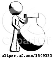 Ink Design Mascot Woman Standing Beside Large Round Flask Or Beaker