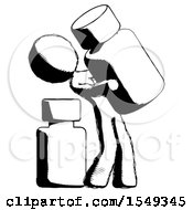Ink Design Mascot Woman Holding Large White Medicine Bottle With Bottle In Background