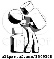 Ink Design Mascot Man Holding Large White Medicine Bottle With Bottle In Background
