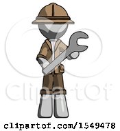 Poster, Art Print Of Gray Explorer Ranger Man Holding Large Wrench With Both Hands