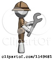 Poster, Art Print Of Gray Explorer Ranger Man Using Wrench Adjusting Something To Right