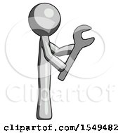 Poster, Art Print Of Gray Design Mascot Man Using Wrench Adjusting Something To Right