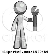 Gray Design Mascot Man Holding Wrench Ready To Repair Or Work