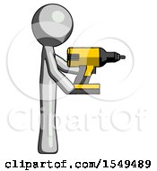 Gray Design Mascot Man Using Drill Drilling Something On Right Side