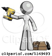 Poster, Art Print Of Gray Design Mascot Woman Holding Drill Ready To Work Toolchest And Tools To Right