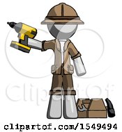 Poster, Art Print Of Gray Explorer Ranger Man Holding Drill Ready To Work Toolchest And Tools To Right