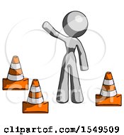 Poster, Art Print Of Gray Design Mascot Woman Standing By Traffic Cones Waving