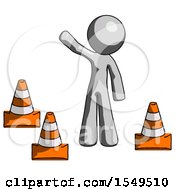 Poster, Art Print Of Gray Design Mascot Man Standing By Traffic Cones Waving