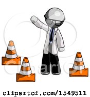 Gray Doctor Scientist Man Standing By Traffic Cones Waving