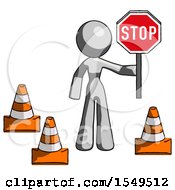 Poster, Art Print Of Gray Design Mascot Woman Holding Stop Sign By Traffic Cones Under Construction Concept