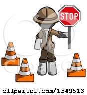 Poster, Art Print Of Gray Explorer Ranger Man Holding Stop Sign By Traffic Cones Under Construction Concept