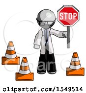 Poster, Art Print Of Gray Doctor Scientist Man Holding Stop Sign By Traffic Cones Under Construction Concept