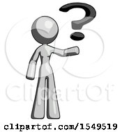Poster, Art Print Of Gray Design Mascot Woman Holding Question Mark To Right
