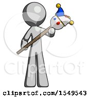 Poster, Art Print Of Gray Design Mascot Man Holding Jester Diagonally