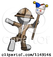 Poster, Art Print Of Gray Explorer Ranger Man Holding Jester Staff Posing Charismatically