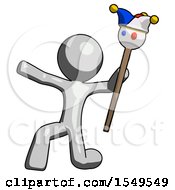 Poster, Art Print Of Gray Design Mascot Man Holding Jester Staff Posing Charismatically