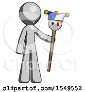Poster, Art Print Of Gray Design Mascot Man Holding Jester Staff