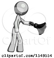 Poster, Art Print Of Gray Design Mascot Woman Dusting With Feather Duster Downwards