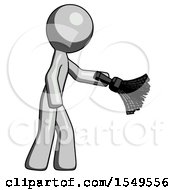Poster, Art Print Of Gray Design Mascot Man Dusting With Feather Duster Downwards
