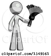Poster, Art Print Of Gray Design Mascot Woman Holding Feather Duster Facing Forward