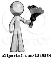 Poster, Art Print Of Gray Design Mascot Man Holding Feather Duster Facing Forward