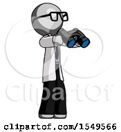 Gray Doctor Scientist Man Holding Binoculars Ready To Look Right