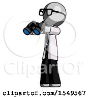Gray Doctor Scientist Man Holding Binoculars Ready To Look Left
