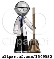 Poster, Art Print Of Gray Doctor Scientist Man Standing With Broom Cleaning Services