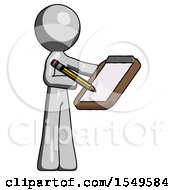 Gray Design Mascot Man Using Clipboard And Pencil