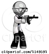 Poster, Art Print Of Gray Doctor Scientist Man Shooting Automatic Assault Weapon