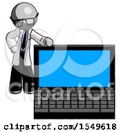 Poster, Art Print Of Gray Doctor Scientist Man Beside Large Laptop Computer Leaning Against It