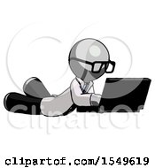 Poster, Art Print Of Gray Doctor Scientist Man Using Laptop Computer While Lying On Floor Side Angled View