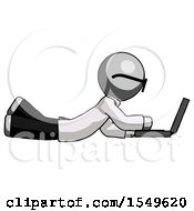 Poster, Art Print Of Gray Doctor Scientist Man Using Laptop Computer While Lying On Floor Side View