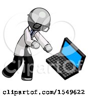 Poster, Art Print Of Gray Doctor Scientist Man Throwing Laptop Computer In Frustration
