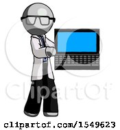 Gray Doctor Scientist Man Holding Laptop Computer Presenting Something On Screen