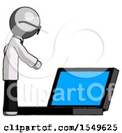 Gray Doctor Scientist Man Using Large Laptop Computer Side Orthographic View