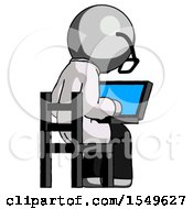 Poster, Art Print Of Gray Doctor Scientist Man Using Laptop Computer While Sitting In Chair View From Back